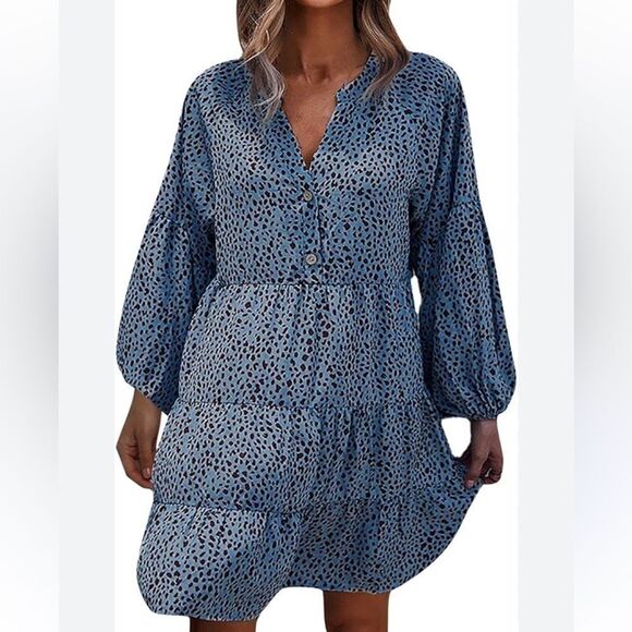 Blue Brown M Animal Print Spotted Long Sleeve Tiered v Neck Two Button Dress - Picture 1 of 14